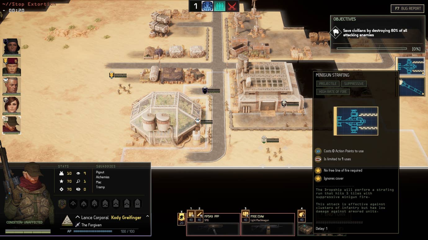 Squad deployment in a mission in Menace in a sandy city.